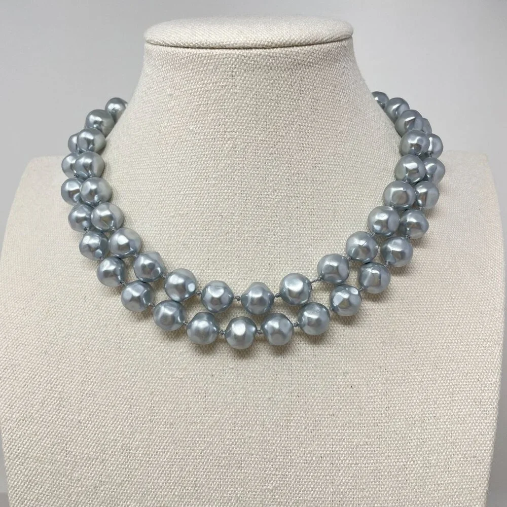 Vintage Marvella Double-Strand Gray Faux Pearl Necklace Gold-Tone‎ Bow Closure